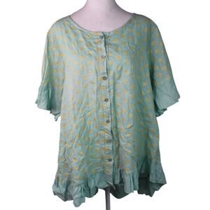 Helga May Gold Glitter Heart Blue Button Up Ruffle Tunic Minimalist Artsy OSFM